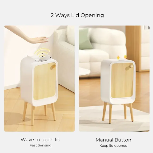 Yubin Nexa Sensor Trash Bin with Wood Legs 20L - Beige - 3