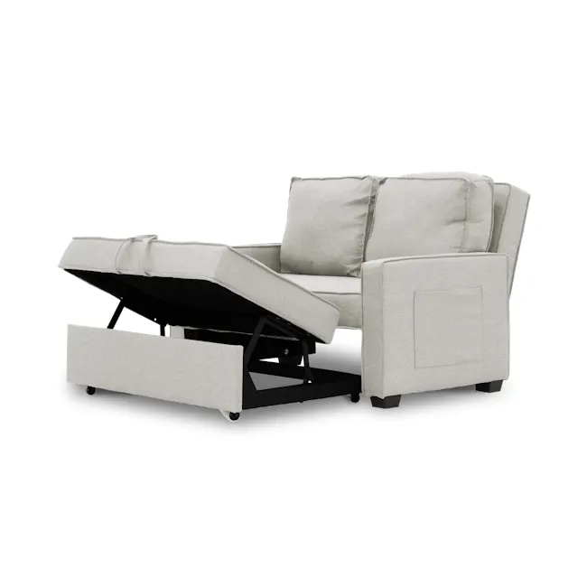 Arturo 2 Seater Sofa Bed - Beige (Eco Clean Fabric) - 9 - Modern recliner with plush beige upholstery, sleek black metal