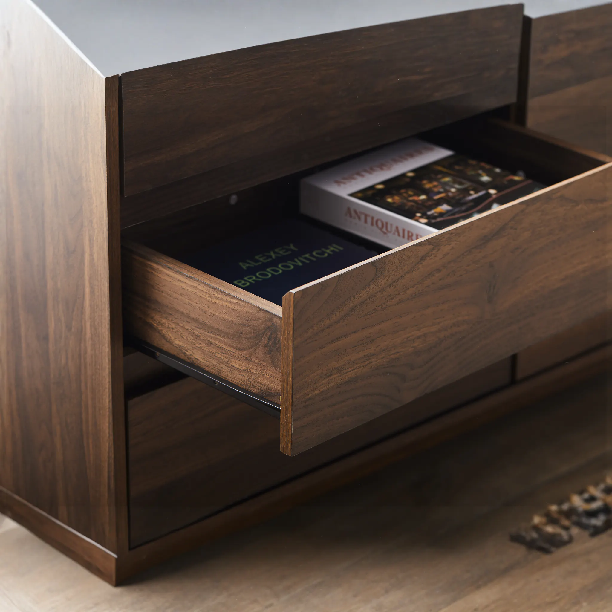 Herschel 6 Drawer Chest 1.2m - Walnut - 15 - Wooden drawer, dark wood finish, sleek design, open drawer, interior view