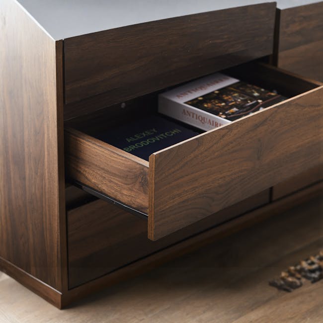 Herschel 6 Drawer Chest 1.2m - Walnut - 15 - Wooden drawer, dark wood finish, sleek design, open drawer, interior view