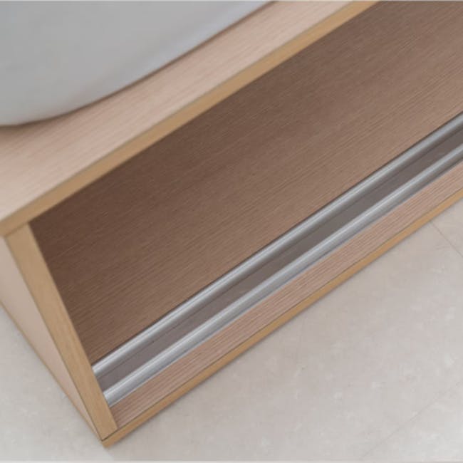 Reyna Super Single Platform Storage Bed - 8 - Wooden side table with metal drawer, minimalist design, light wood finish