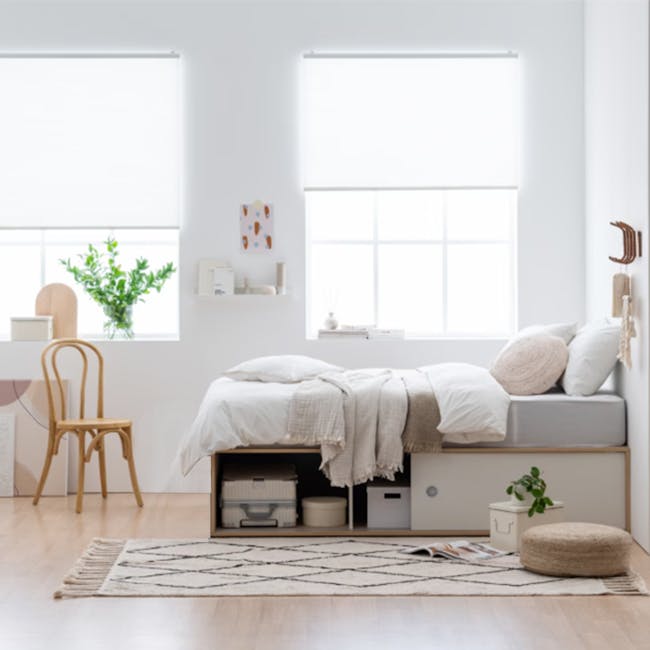 Reyna Super Single Platform Storage Bed - 6 - Bright, minimalist bedroom with white walls, large windows, wooden furniture