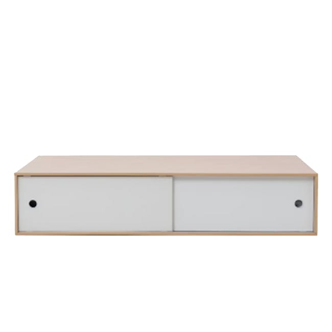Reyna Super Single Platform Storage Bed - 1 - Wooden sideboard, minimalist design, light wood finish, two doors, white