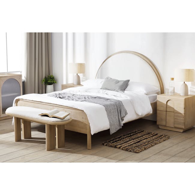 Catania Queen Bed - 2 - Modern minimalist bedroom, cozy bed with white bedding, gray throw blanket, wooden nightstands