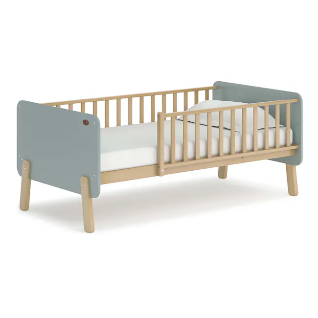 Natty Boori Bedside Bed - Blueberry & Almond - 1 - Wooden crib with gray headboard, light wooden frame, four wooden legs