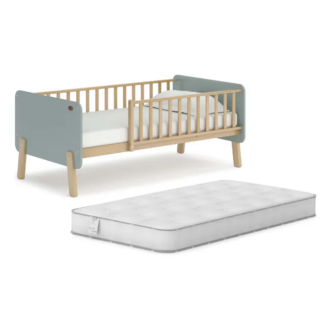 Natty Boori Bedside Bed - Blueberry & Almond - 10 - Wooden crib with gray frame, light wooden legs, white mattress, gray