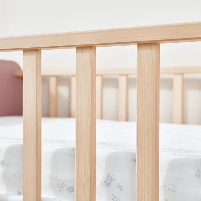 Natty Boori Bedside Bed - Blueberry & Almond - 7 - Light wooden crib frame, soft wooden posts, baby mattress, white