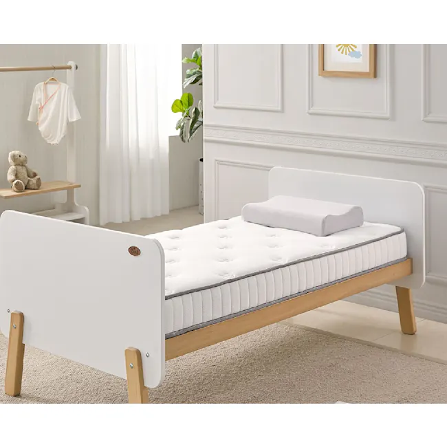 Natty Boori Bedside Bed - Blueberry & Almond - 9 - White modern child's bed with wooden legs, soft white mattress, gray