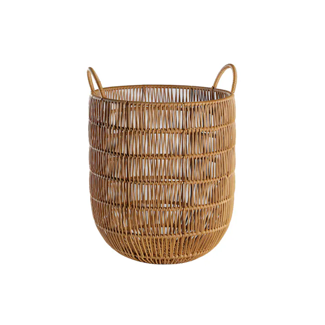 Greg Rattan Basket - 1 - Wicker basket, round shape, woven texture, natural wood color, sturdy construction, two handles