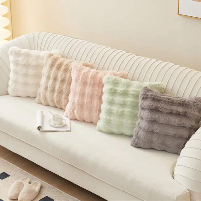Luxe Faux Fur Cushion - White - 8 - Cream, beige, peach, light green, soft pink, fluffy, plush, cozy, warm, inviting