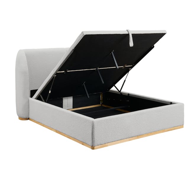 Nova Queen Storage Bed - Light Grey Boucle - 7 - Grey upholstered sofa with black storage compartment, open storage space