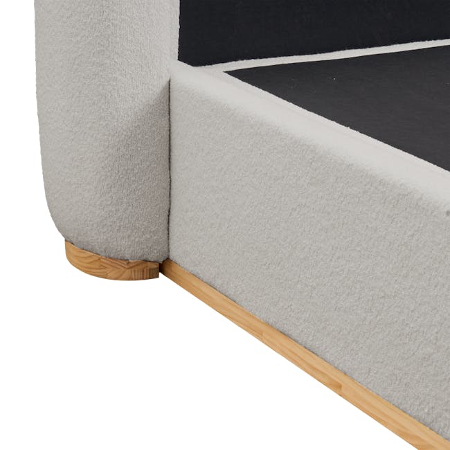 Nova Queen Storage Bed in Light Grey Boucle with 2 Natalia Bedside Tables - 12 - Cushioned armrest, light gray upholstery