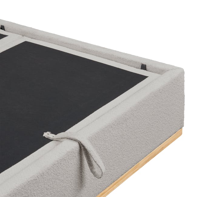 Nova Queen Storage Bed in Light Grey Boucle with 2 Natalia Bedside Tables - 15 - Grey carpet with black border, soft gray