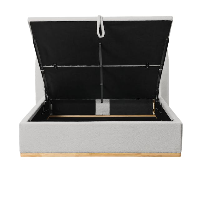 Nova Queen Storage Bed in Light Grey Boucle with 2 Natalia Bedside Tables - 6 - Black fabric storage box, open top, gray