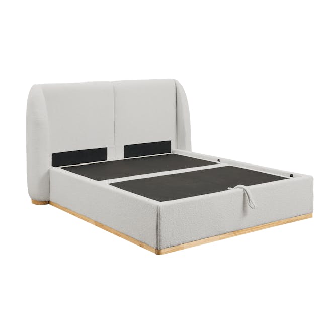 Nova Queen Storage Bed in Light Grey Boucle with 2 Natalia Bedside Tables - 7 - Modern minimalist bed with soft gray fabric
