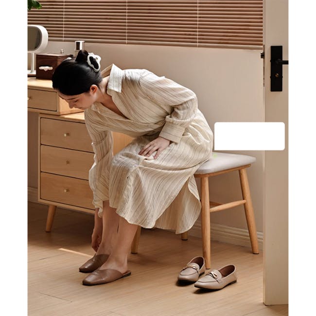 Xena Stool - Oak, Off White (Fabric) - 5 - striped dress, woman sitting, brown shoes, wooden stool, indoor setting, natural