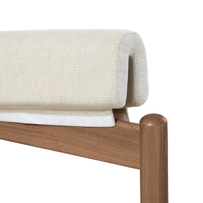 Niel Chair - Walnut, Gravel White - 4 - Cream textured fabric sofa, beige upholstery, wooden side table, brown wood grain