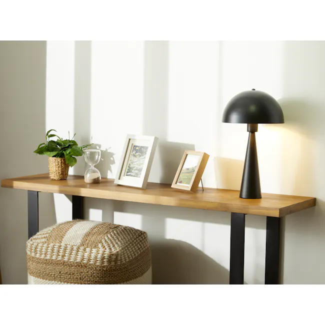 Cohen Table Lamp - Black - 2 - Wooden shelf, black metal legs, natural light, green plant, woven basket, white hourglass