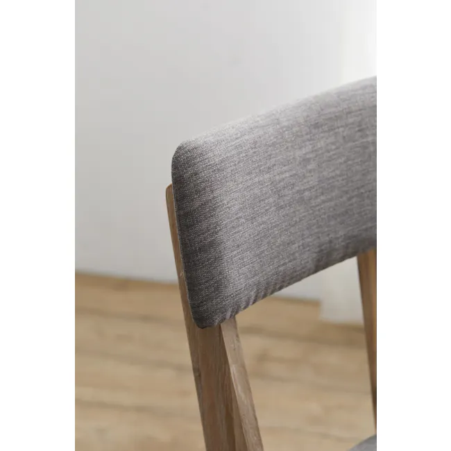Leland Dining Chair - 4 - Gray upholstered chair, wooden frame, soft fabric upholstery, minimalist design, natural wood