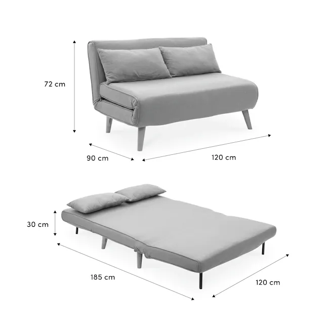 Noel 2 Seater Sofa Bed - Harbour Grey - 15 - Grey sofa, 72 cm height, 90 cm width, 120 cm depth, 30 cm seat cushion, 185 cm