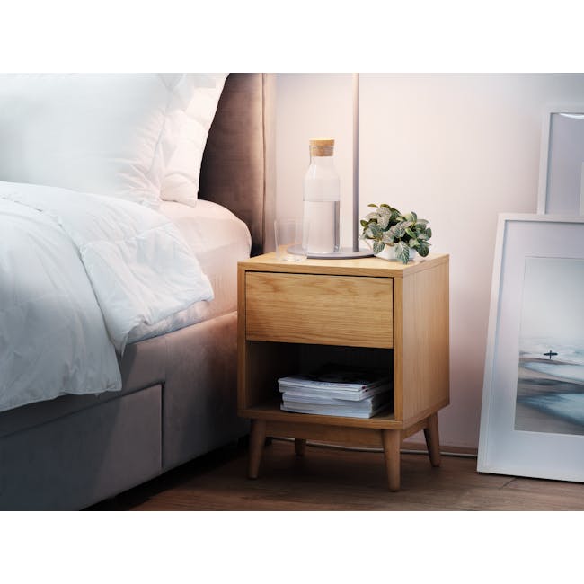 Cassius 2 Drawer Queen Bed in Oak, Tin Grey with 2 Kyoto Top Drawer Bedside Tables in Oak - 14