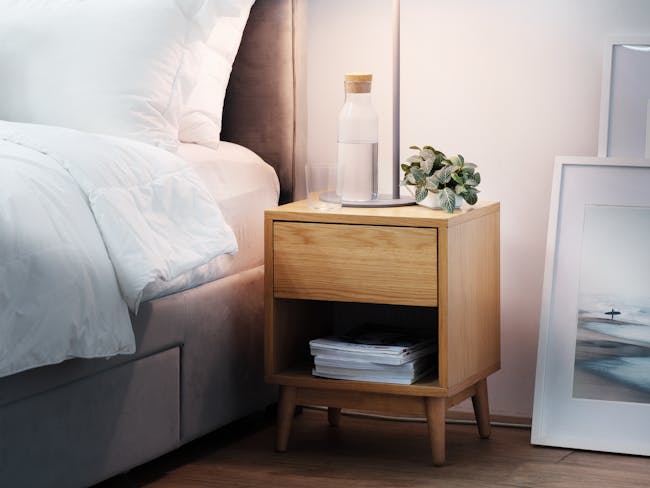 Aspen King Storage Bed in Cloud White with 2 Kyoto Top Drawer Bedside Table in Oak - 9