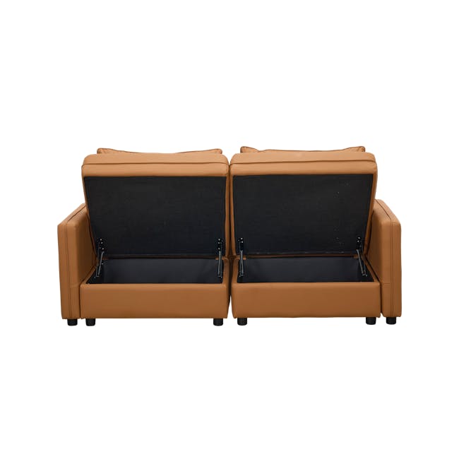Cameron 3 Seater Storage Sofa - Tan (Pet Friendly) - 5 - Brown leather sofa with black cushions, open storage compartment
