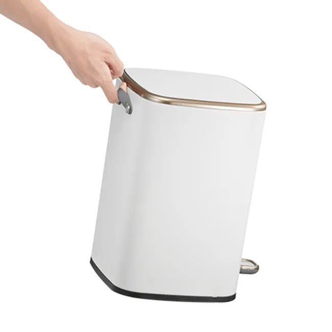 Eko Rectangle Step Bin with Soft Closing Lid (2 Sizes) - 2 - White cylindrical trash can with gold-colored handle, sleek