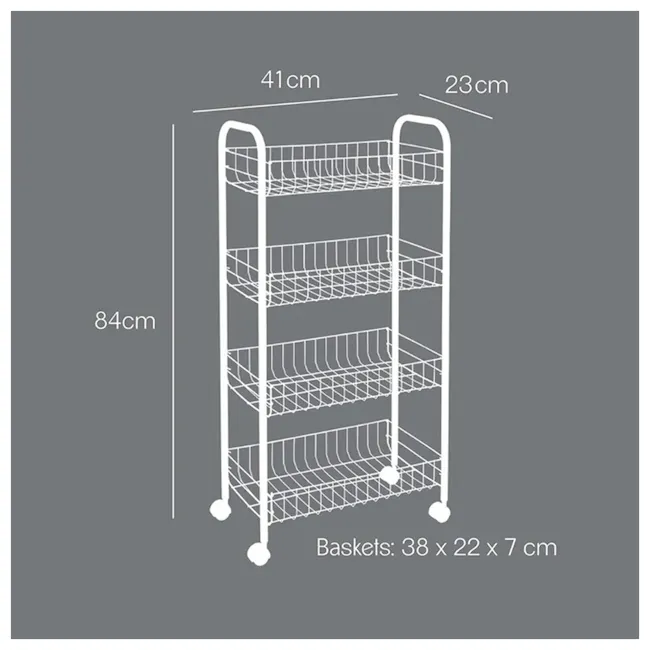 Metaltex Ascona 4 Tier Rolling Cart - Black - 4 - Benchtop shelving unit, 41 cm height, 23 cm width, 84 cm total height, 38