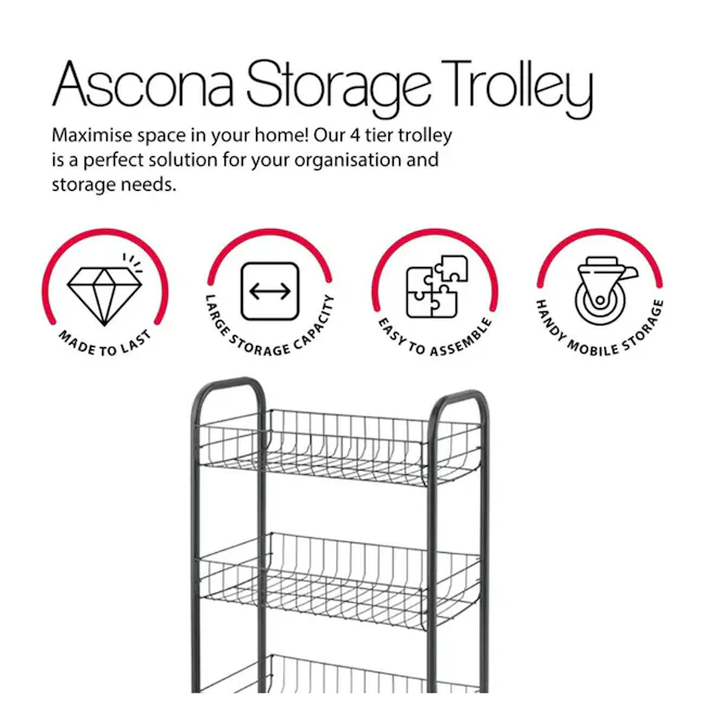 Metaltex Ascona 4 Tier Rolling Cart - Black - 3 - 4-tier trolley, durable storage, easy assembly, handy mobile storage