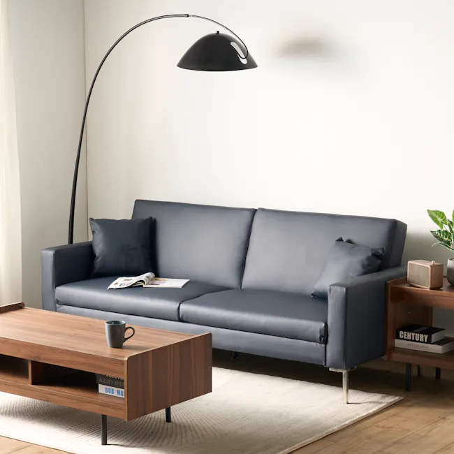 Leslie 3 Seater Sofa Bed - Slate Grey (Faux Leather) - 5 - Modern living room, minimalist design, sleek black lamp, gray
