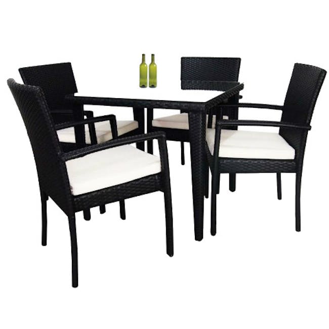 Palm Outdoor Dining Set - White Cushions - 11 - Wicker dining set with black frames, white cushioned seats, and two green