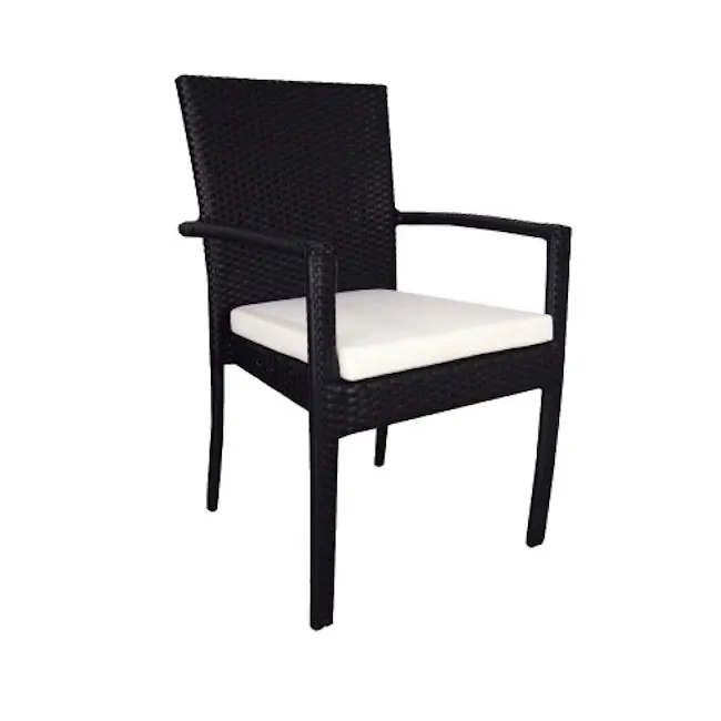 Palm Outdoor Dining Set - White Cushions - 3 - Black wicker patio chair with white cushion, modern outdoor furniture