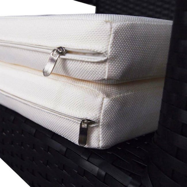 Palm Outdoor Dining Set - White Cushions - 10 - White textured suitcase with metallic zipper pull, black wicker basket