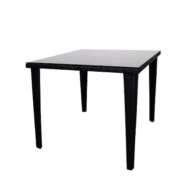 Palm Outdoor Dining Set - White Cushions - 5 - Black metal patio table with woven texture, Outdoor dining table with