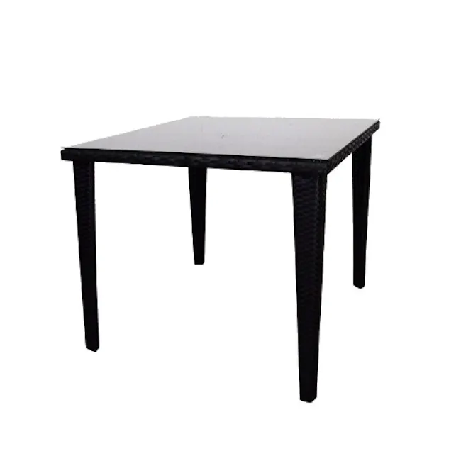 Palm Outdoor Dining Set - White Cushions - 5 - Black metal patio table with woven texture, Outdoor dining table with