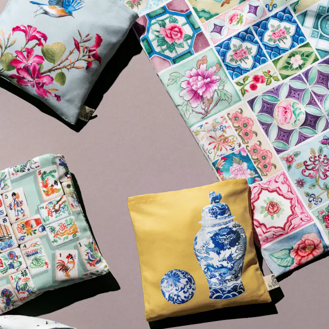 Singlapa Peranakan Tiles Shopping Bag - 2 - Floral pillow with vibrant pink flowers and blue bird, pastel blue and green