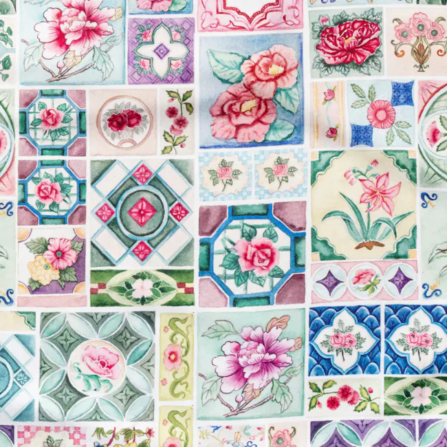 Singlapa Peranakan Tiles Shopping Bag - 4 - Intricate floral patterns with vibrant colors, Symmetrical geometric designs