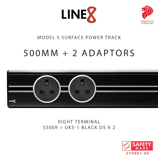 Line8 Power Track 500mm + 2 Adaptors Bundle - Black Hairline - 6 - Surface Power Track with Right Terminal, UKS-1 Black DS