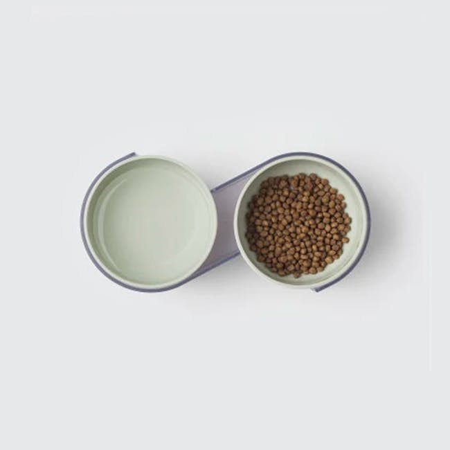Pidan S Cat Bowl - Khaki - 5 - Empty bowl, ceramic, light green, open lid, small bowl, brown pellets, empty container, two