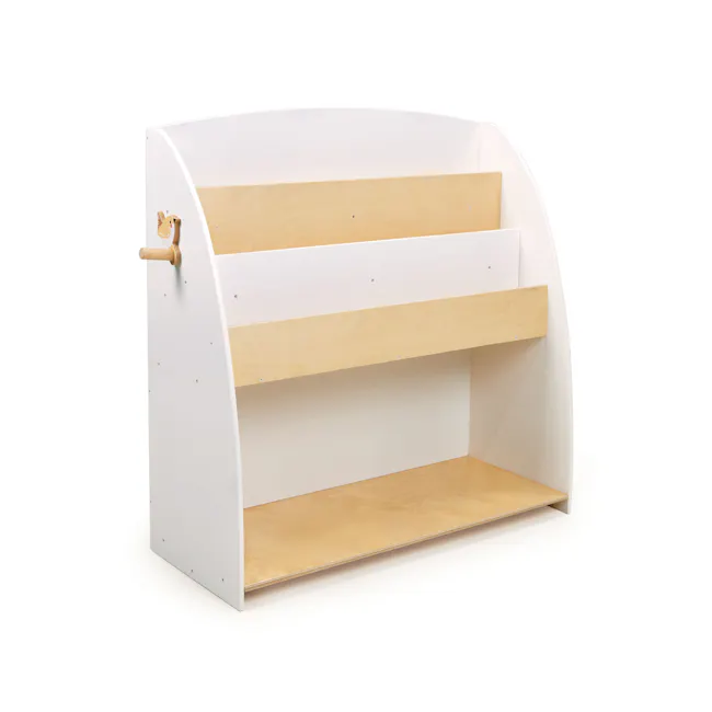 Tender Leaf Forest Bookcase - 1 - White curved shelf, wooden slats, minimalist design, open shelving, light wood finish
