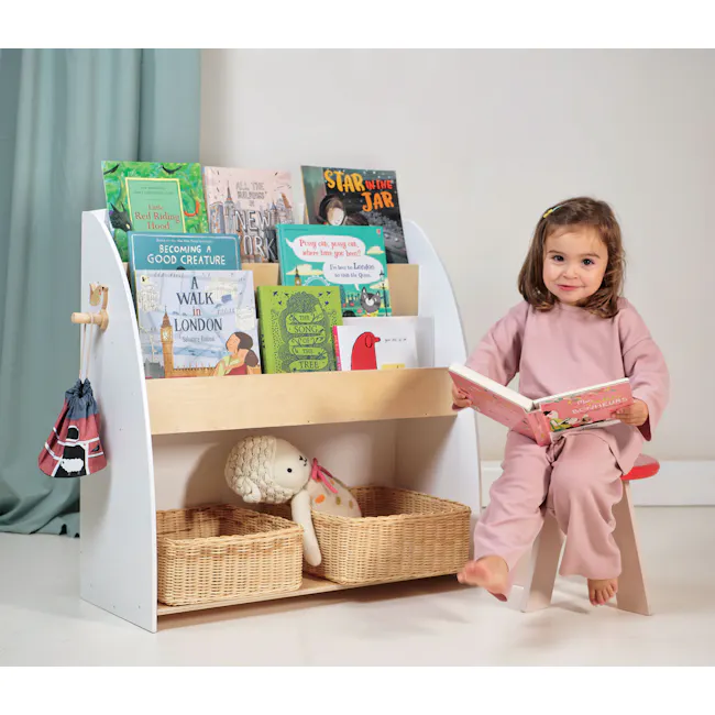 Tender Leaf Forest Bookcase - 2 - Children's bookshelf, children's books, pink pajamas, reading, children's books on