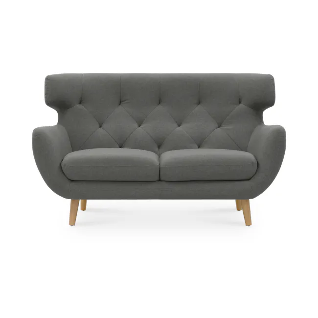 Agatha 2 Seater Sofa - Granite Grey - 14 - Grey upholstered bench, modern design, tufted backrest, wooden legs, Scandinavian