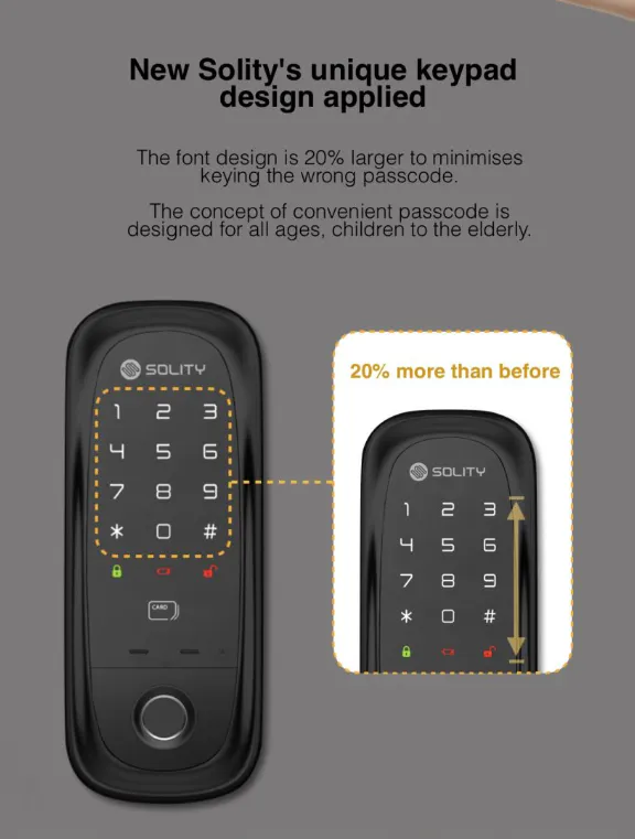 Solity Smart Rim Lock GA-65B - Black - 14 - Unique keypad design for Solity, 20% larger font for easy reading, Passcode