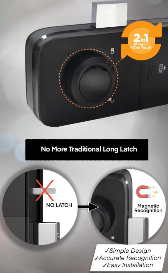 Solity Smart Rim Lock GA-65B - Black - 11 - 2-in-1 manual +One Touch, No More Traditional Long Latch, Simple Design
