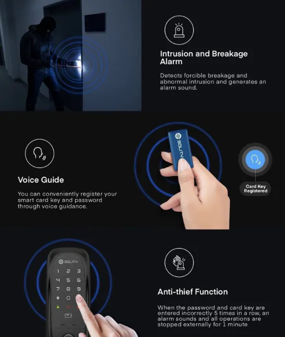 Solity Smart Rim Lock GA-65B - Black - 19 - Intrusion and Breakage Alarm, Detects forcible breakage and abnormal intrusion