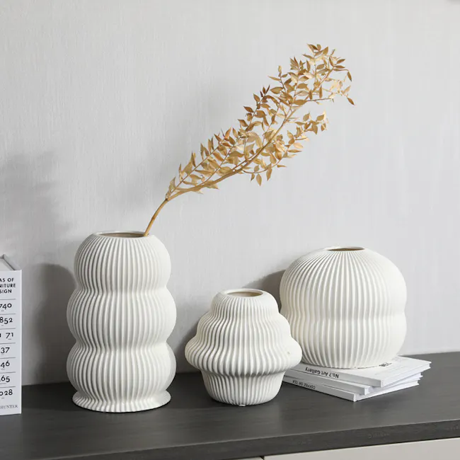 Dossa Round Ribbed Ceramic Vase - 4 - White textured vase, gold leaf branch, minimalist design, modern decor, abstract art