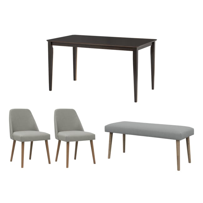 Charmant Dining Table 1.4m in Dark Chestnut with Miranda Bench 1m and 2 Miranda Chairs in Gray Owl - 0