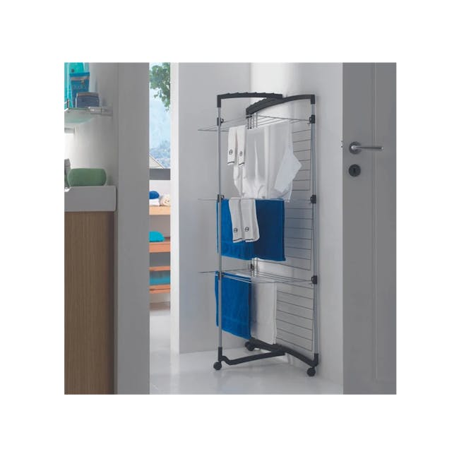 Metaltex Faro Plus 3 Tier Laundry Drier - Silver - 3 - modern bathroom, towel rack, white towels, blue towels, neatly folded