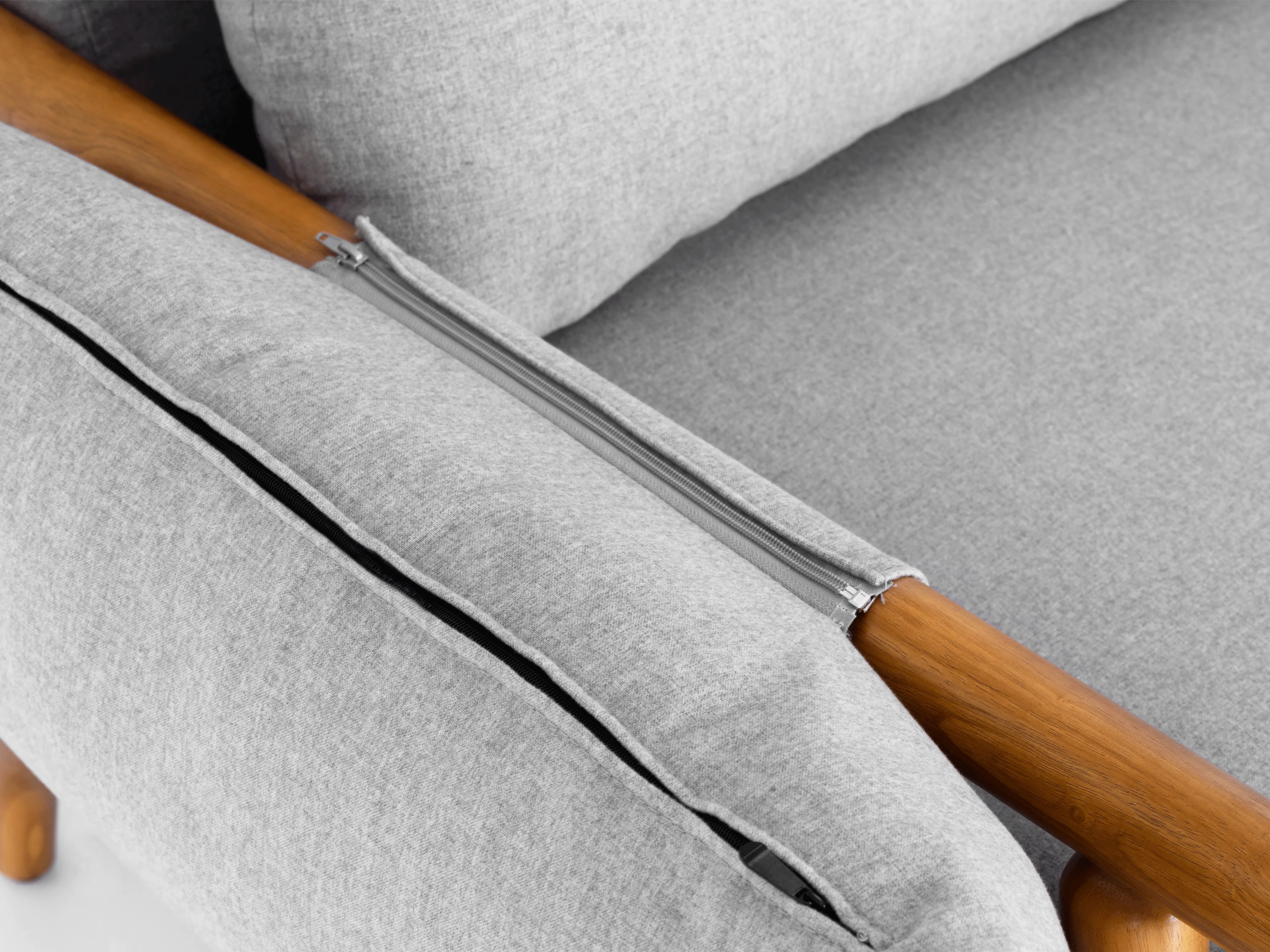 Astrid 3 Seater Sofa - Natural, Slate - 11 - Light gray fabric armrest, wooden armrest, metal zipper, cushioned upholstery